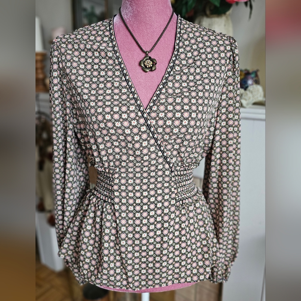 Max Studio Pink and Black Floral Wrap Blouse